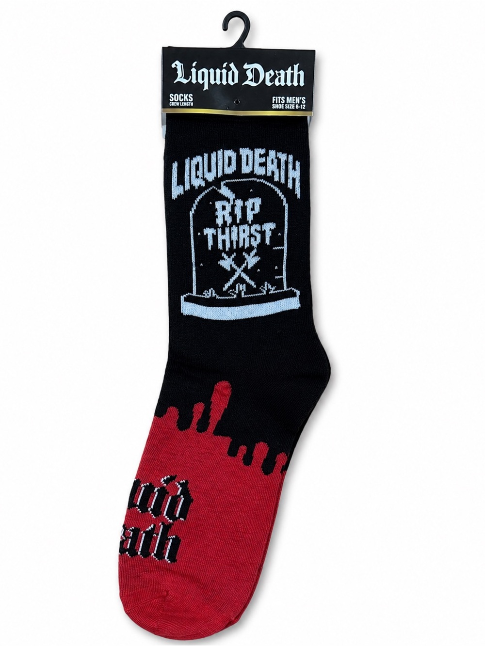 Liquid Death Branded Black and Red Graphic Crew Socks